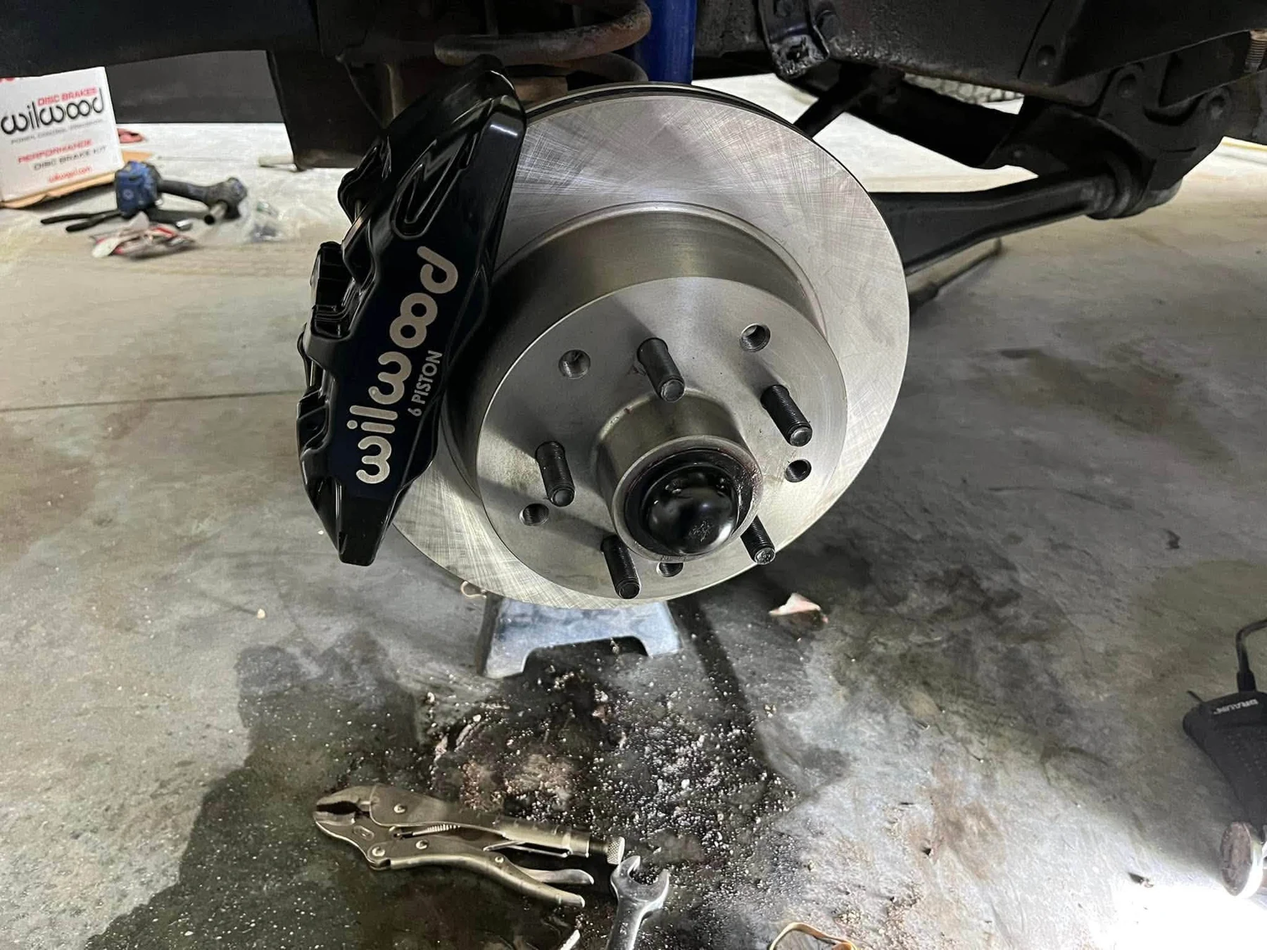 Close-up of performance brake rotor and caliper