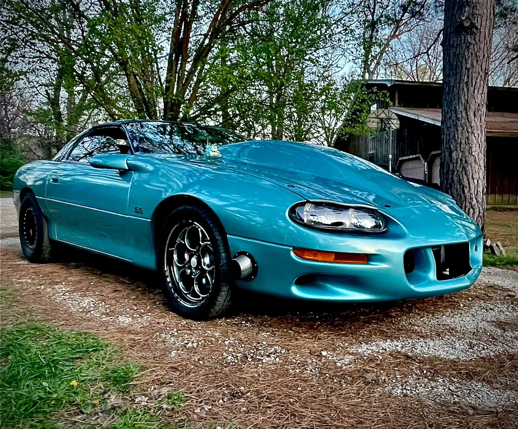 Turquoise Chevrolet Camaro parked outside among trees